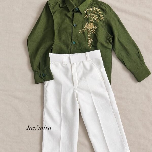 Full sleeve mixed silk soft shirt With linen white pants